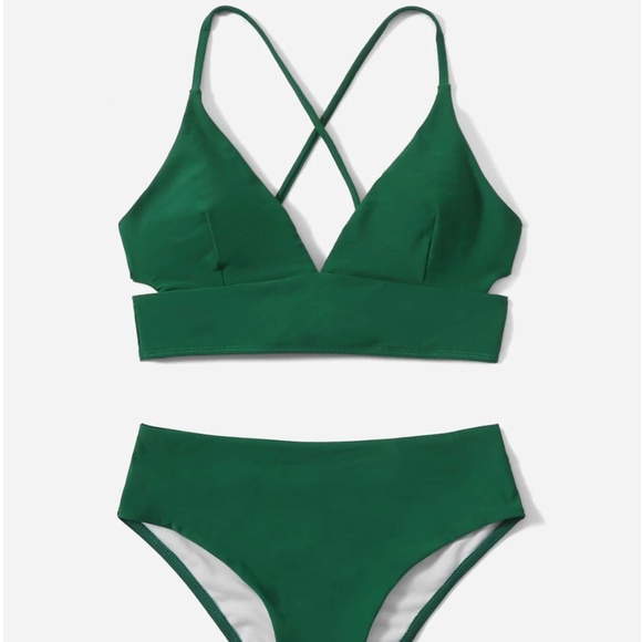 SHEIN NWT Cut-out Lace Up Bikini Swimsuit Army Green Size L (8/10) - Picture 1 of 4